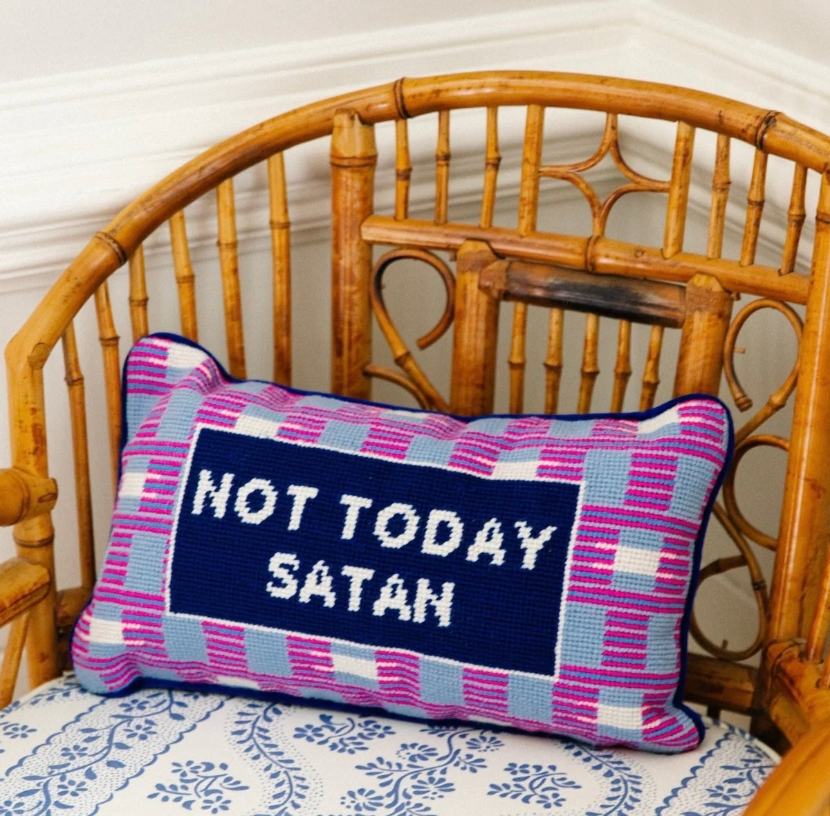 Furbish: Not Today Satan Needlepoint Pillow