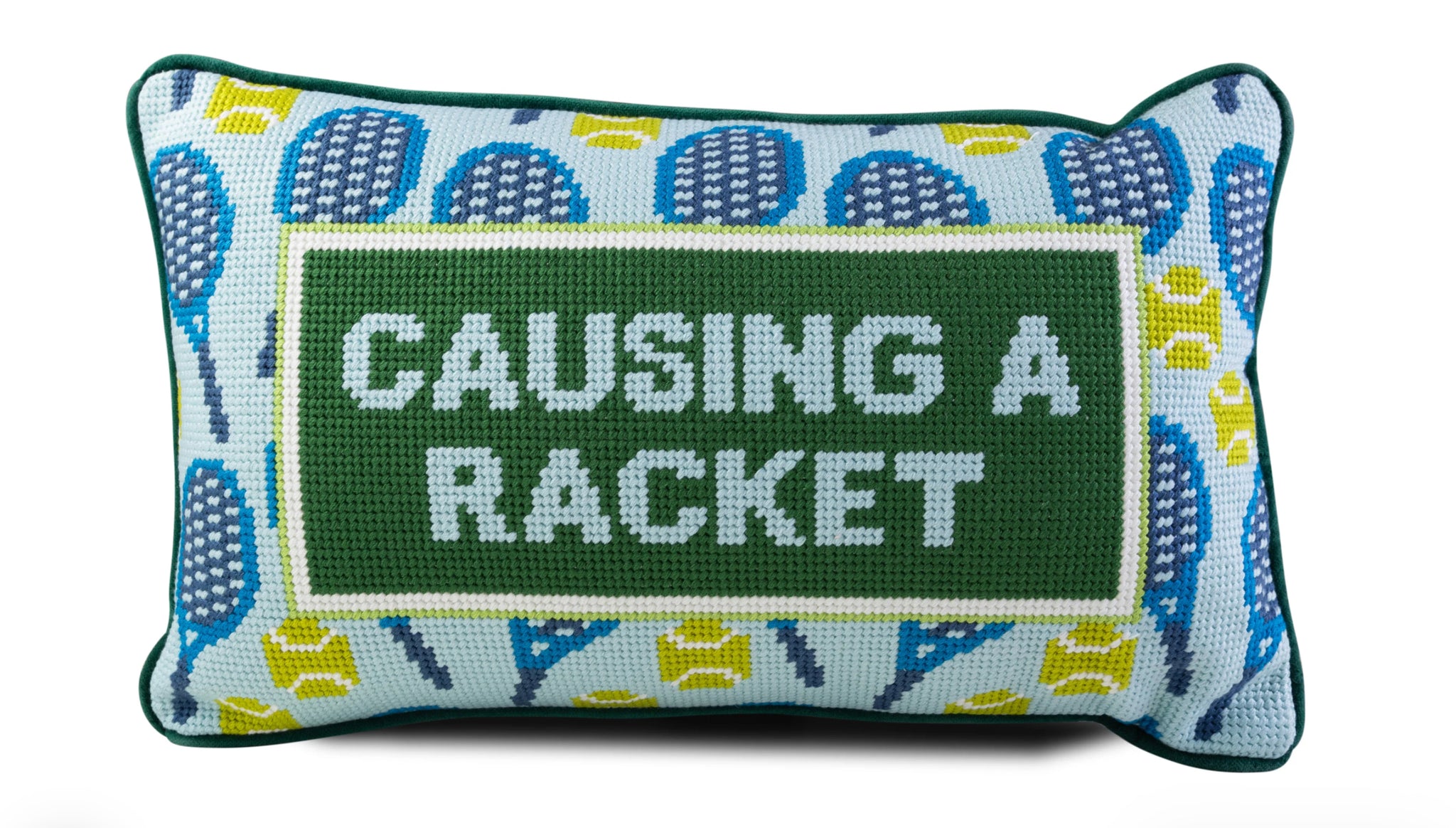 Causing a Racket needlepoint pillow